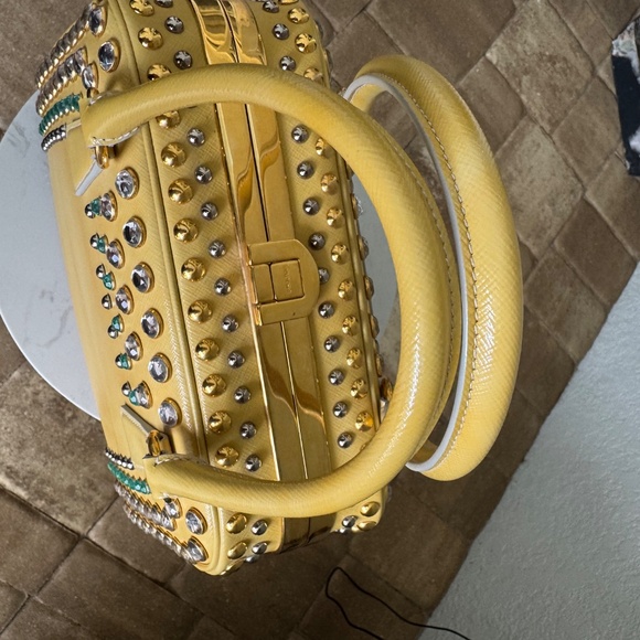 Prada Large Pyramid Top Handle Studded Vernice Saffiano Leather Handbag - Picture 12 of 15